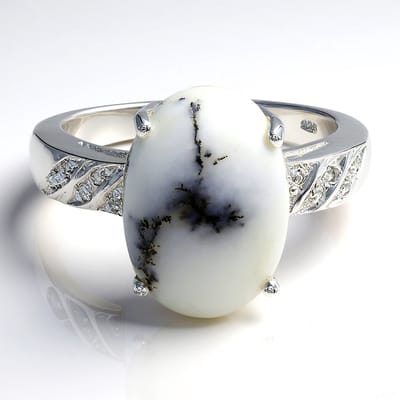 Cavill - Zilveren Ring - 925 Sterling Zilver - 3,75 ct Dendrieten Agaat Ovaal - 10x Witte Topaas 0,039 ct - Elegant dames sieraad