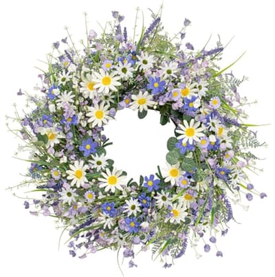 Lentekrans 76 cm - Kunstmatige Voor-deur Decoratie met Madeliefjes en Lavendel - Perfect voor Lente en Zomer