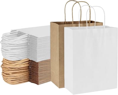 50 kleine papieren cadeautasjes met handvat 18x8x22cm bruin en wit / tassen Kraft Papier Tasjes met gedraaid handgrepen / Zakjes / Verjaardag - Feest - Huwelijk-Kerst/