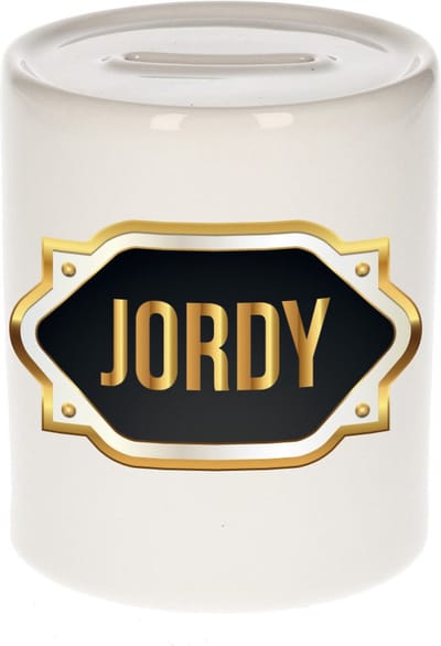 Spaarpot met voornaam Jordy - wit - met goud/zwart embleem - 8 x 9 cm - keramiek - met afsluitdop - cadeau verjaardag