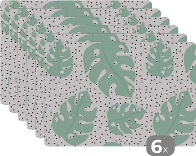 Placemat - Placemats kunststof - Stippen - Monstera - Patronen - 45x30 cm - 6 stuks - Hittebestendig - Anti-Slip - Onderlegger - Afneembaar