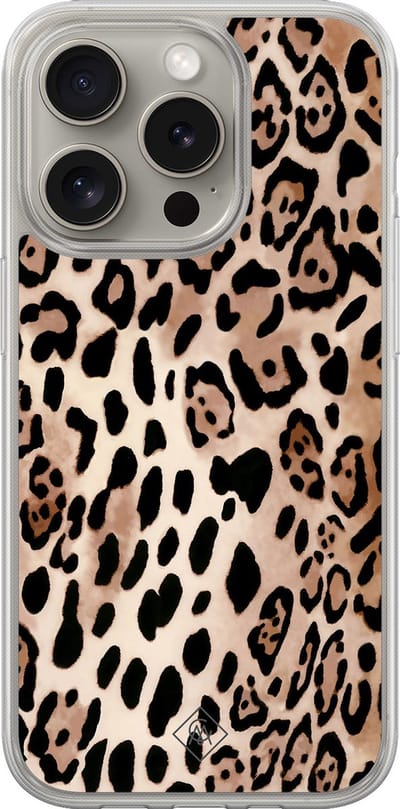 Casimoda® hoesje - Geschikt voor iPhone 15 Pro Max - Luipaard print bruin - 2-in-1 case - Schokbestendig - Luipaardprint - Verhoogde randen - Bruin/beige, Transparant