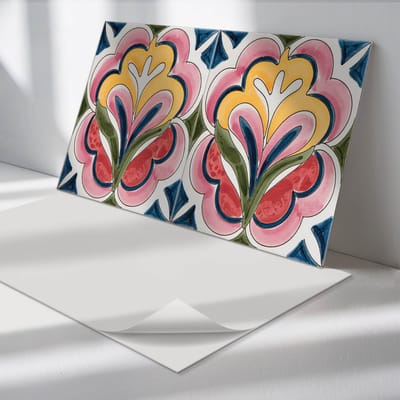 Wallfluent Vinyl Wandpaneel - Bloemenpatroon op de tegel Zelfklevend Wandpaneel - 100 cm x 50 cm - Geel PVC wandpaneel - Set van 1 - Rechthoekig Wandbekleding Vinyl - Bloemen en planten Wandpaneel - PVC Muurpaneel - Wandpaneel Keuken en Badkamer