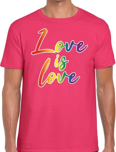 Love is love gay pride t-shirt - roze shirt met love is love regenboog tekst voor heren - Gay pride S
