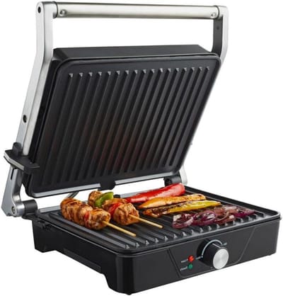Contactgrill - Grillplaat Bakplaat - Snel Grillen Thuis - Zwevende Bovenplaat - 2000 Watt - Zwart RVS