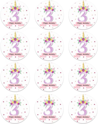 DW4Trading Sticker Happy Birthday Eenhoorn 3 Jaar - Ø 4,5 cm - 12 Stuks - Paars