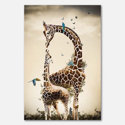 Poster op papier - 40 x 60 cm - Giraffen met vogels en vlinders - PosterJunkie