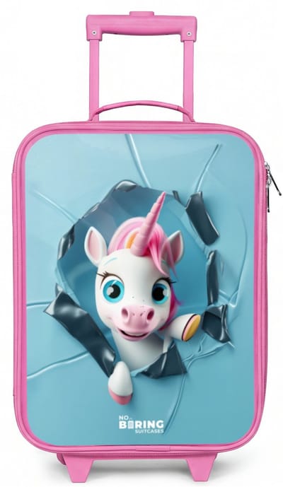 NoBoringSuitcases.com® - Kinderkoffer roze - Kindertrolley meisje - Witte eenhoorn komt door blauw plastic - Koffer kind lichtgewicht - Reiskoffer trolley voor kinderen - Koffertje met lichtgevende wieltjes - Rolkoffer