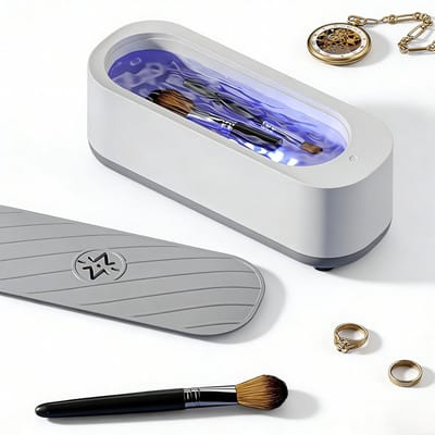 Ultrasone Sieradenreiniger - Ultrasoon Reiniger - Reinigingsapparaat voor Brillen en Sieraden - Stekkermodel - met blauw licht - Reinigingsapparaat - voor het Reinigen van Sieraden, Brillen, Horloges, Scheerkoppen, Ringen - wit