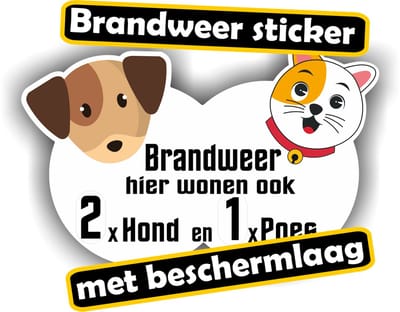 Jerma - Brandweer sticker – Hier zijn hond en poes aanwezig - 10 x 17 cm - Zelfklevend - Vinyl