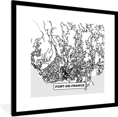 Fotolijst incl. Poster Zwart Wit- Frankrijk Fort-de-France - Plattegrond - Stadskaart - Kaart - Zwart wit - 40x40 cm - Posterlijst