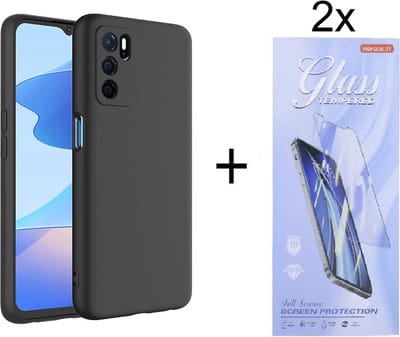 Hoesje Geschikt voor: Oppo A16 / A16s / A54s Silicone - Zwart + 2X Tempered Glass Screenprotector - ZT Accessoires