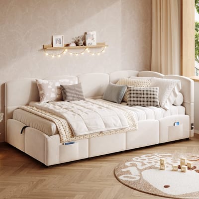 DayBed 90 x 200 cm – met hydraulische opbergruimte – fluweel – beige – voor moderne slaapkamer – praktisch en ruimtebesparend ontwerp