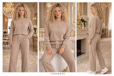 La Booty- Dames Glamour huispak- Taupe- Sweater Joggingset- Trainingspak- Premium SoftTouch katoen- Maat S