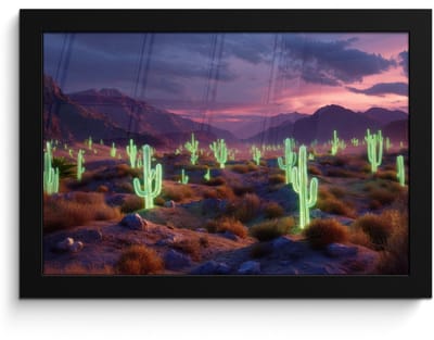 Poster in lijst - Fotolijst 30x20 cm - Posters - Neon cactussen - Woestijn - Zonsondergang - Posterlijst zwart - Decoratie - Wanddecoratie woonkamer - Muurdecoratie slaapkamer