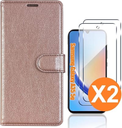 Hoesje geschikt voor Samsung Galaxy A35 5G hoesje bookcase Rose Goud - Met screenprotector tempered glass voor Galaxy A35 - 2x