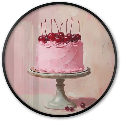 Poster in lijst Rond - Fotolijst 60x60 cm - Posters - Taart - Pink - Cherry - Ronde posterlijst zwart - Decoratie - Wanddecoratie woonkamer - Muurdecoratie slaapkamer
