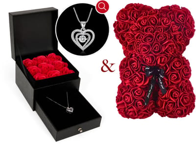 Bloemen & Rozenbeer & Silverplated Hartjes Ketting | Ketting Dames |Sieradendoos | Vrouw | Vriendin | Moeder | Dochter | Verjaardag | Cadeau | Geschenkset Vrouwen | Juwelendoos | Rozenblaadjes | Geschenkdoos |