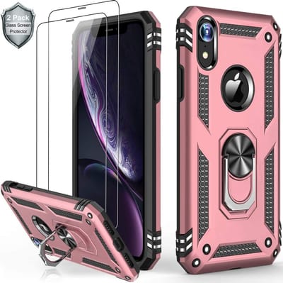 Telefoonhoesje Geschikt voor: iPhone X / XS hoesje Schokbestendige ring armor met 2X Glas Screenprotector rose goud