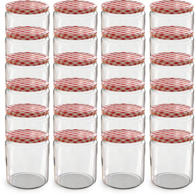 Oputec 24x 405ml inmaakpotten / voorraadpotten TO Ø 82 mm – glazen jampotten – metalen schroefdeksel rood-wit geruit – conservenpotten