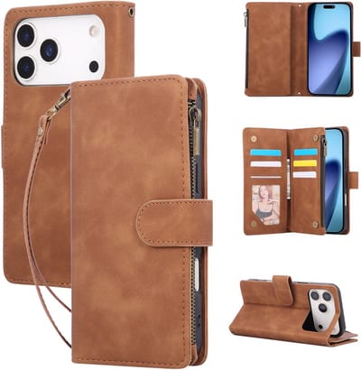 YPCd Wallet Case Pasjeshouder met Rits – Geschikt voor Apple iPhone 17 Pro – Luxe Bookcase Hoesje met 6 Pasjesvakken & Polsbandje – Bruin