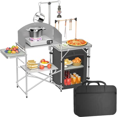 Campingkeuken - 146x46x141 cm - Inklapbaar Aluminium - Met Werkblad - Inclusief Windscherm, Draagtas & Lichtstandaard - Opvouwbare Buitenkast voor Kamperen - NAIZY