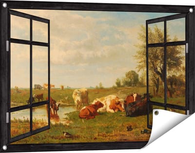 Gards Tuinposter Doorkijk Koeien in de Weide - Gerard Bilders - 90x60 cm - Tuindoek - Tuindecoratie - Wanddecoratie buiten - Tuinschilderij