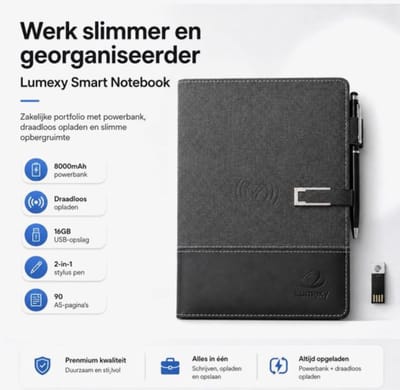 Lumexy Smart Notebook met Powerbank 8000mAh – Draadloze Oplader – Business Portfolio Organizer met 2 in 1 stylus Pen