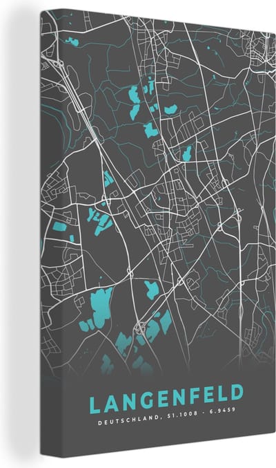 Canvas Schilderij Blauw – Duitsland – Plattegrond – Stadskaart – Kaart – Langenfeld - 20x30 cm - Wanddecoratie