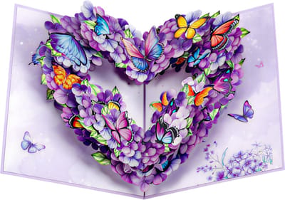 Paarse Vlinder Hart 3D Pop-Up Kaart – Schudden Ontwerp met Envelop – Romantische Wenskaart voor Valentijn, Jubileum & Liefdescadeau