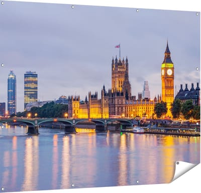 Gards Tuinposter London Big Ben en Westminster Brug - 150x120 cm - Tuindoek - Tuindecoratie - Wanddecoratie buiten - Tuinschilderij