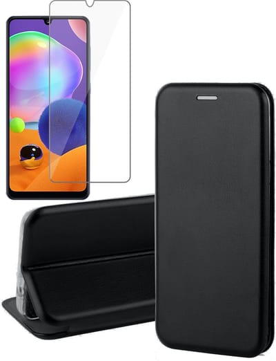 Hoesje geschikt voor Samsung Galaxy A31 - Screen Protector GlassGuard - Book Case Kunstleer ThinShield Zwart & Screenprotector