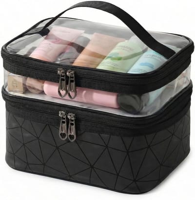 Grote waterdichte make-uptas voor dames en heren, dubbele laag organizer voor reizen, cosmetica en toiletaccessoires, Zwart, Klassiek