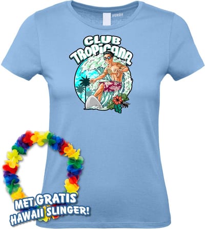 Dames t-shirt Surfing Time | Toppers in Concert 2024 | Club Tropicana | Hawaii Shirt | Ibiza Kleding | Lichtblauw Dames | maat XS