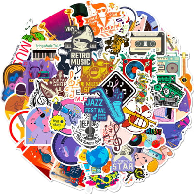 Muziek Sticker Mix - 50 Stickers met Muziekinstrumenten, Elpees, Cassettes, Rock, Jazz etc. - Voor laptop, gitaar, telefoon etc.