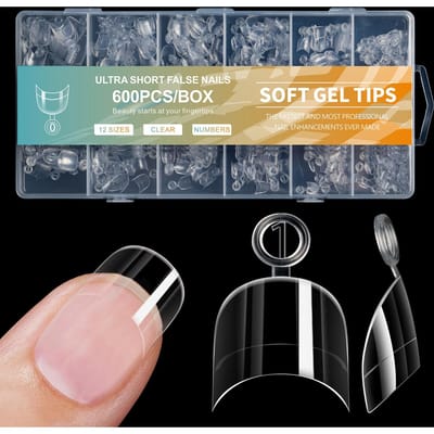 600 Stuks Extra Korte Stiletto Kunstnagels Press-On Nagels Soak-Off Transparante Nageltips Met 12 Maten Half Cover Nageltips Voor Acryl Nagels Nagelbenodigdheden
