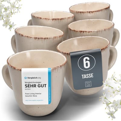 Pure Living Rustic Koffiemokken - Beige - Set Van 6 (435 ml) - Massief Aardewerk - Landelijk Design - Magnetron & Vaatwasserbestendig