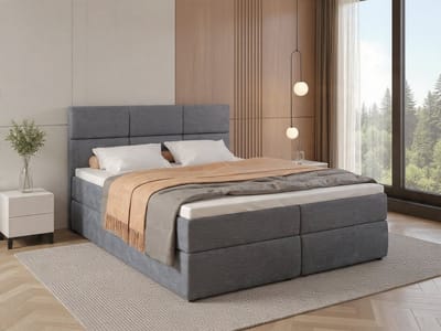 Boston Luxe Boxspringbed 140x200 cm – Compleet Slaapbed met Hoofdbord, Pocketvering Matras en Comfort Topmatras – Modern Hotel Boxspring Bed in Premium Stof – Grijs- Novihome