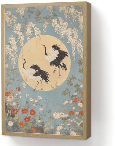 Wandlamp 40x60 cm - Oplaadbaar - Kraanvogels - Maan - Bloemen - Blauw - Wandlampen binnen woonkamer - Slaapkamer lamp - Decoratieve nachtlamp - Vloerlamp draadloos