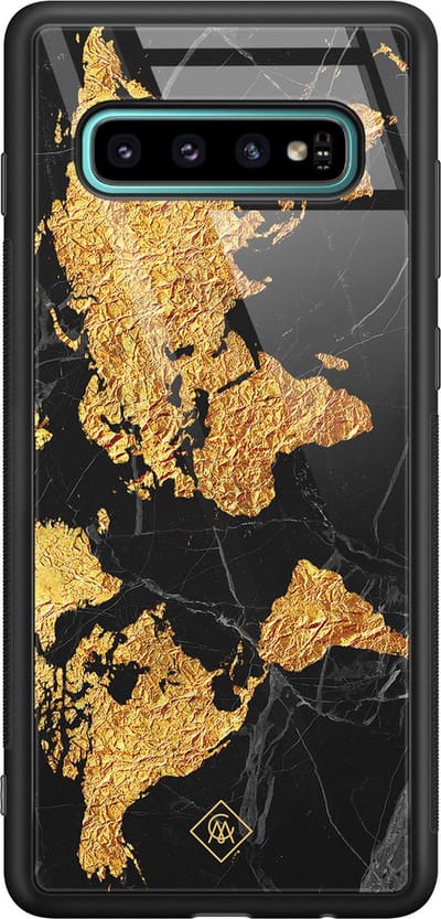 Casimoda® hoesje - Geschikt voor Samsung Galaxy S10+ - Wereldkaart - Luxe Hard Case Zwart - Backcover telefoonhoesje - Goudkleurig