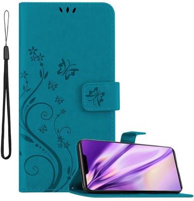 Cadorabo Hoesje geschikt voor Huawei MATE 30 PRO in BLOEMEN BLAUW - Beschermhoes in bloemmotief met magnetische sluiting, standfunctie en kaartsleuven Book Case Cover Etui