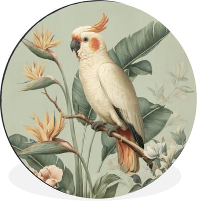 WallCircle - Wandcirkel - Muurcirkel - Gele kuifkaketoe - paradijsvogelbloemen - Groen - Aluminium - Dibond - 30x30 cm - Binnen en Buiten