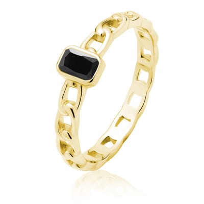 Veerguld dames ring - Goudkleurig ring met zwart zirkonia - Zilveren goudlkeurig damesring - Echte zilver dames ring met zirkonia - Amona Jewelry
