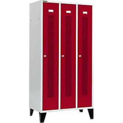 Schäfer Shop Select Kledinglocker, met geperforeerde rijen, 3 compartimenten, 300 mm, met poten, cilinderslot, Deur robijnrood