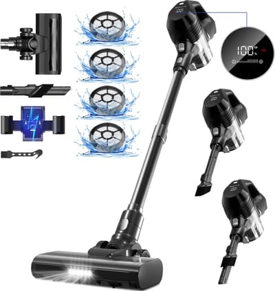 Fukstern Steelstofzuiger Draadloos – 50 kPa Sterke Zuigkracht – Tot 60 Min Accuduur – 1,6L Stofreservoir – 4 HEPA-filters – LED-verlichting – Zwart