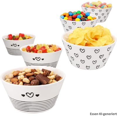 6-delige set CUPID (Hart met streepjesdesign) Müslischaal zwart-wit harten & strepen van porselein – 24310174