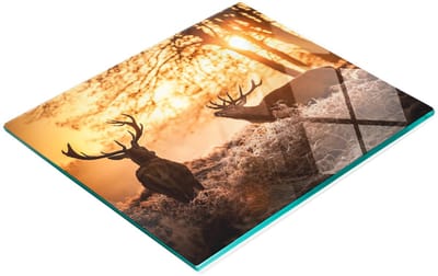 Bord van gehard glas met een patroon van een zonsopgang boven een hert, 60x52 cm