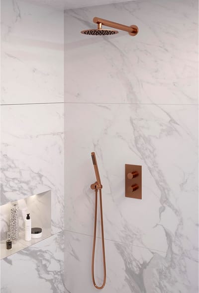 Brauer Copper Edition thermostatische inbouw regendouche 3-weg omstelling SET 25 met 20 cm douchekop en rechte muurarm en staaf handdouche en doucheslang en wandaansluitbocht koper geborsteld PVD