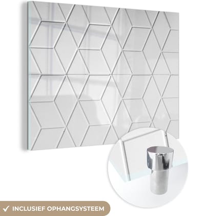 Glasschilderij - Wit - Patronen - Design - Steen - Ruit - 160x120 cm - Schilderij glas - Woondecoratie