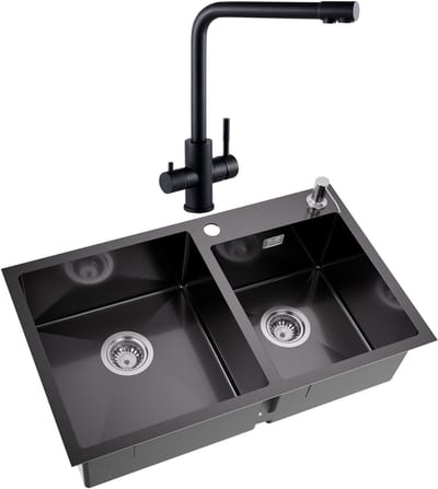 Auralum max Dubbele Spoelbak (75x45cm) Antraciet - Spoelbak Keuken Met 3 Wege Keukenkraan - Duurzaam, Veelzijdig en Geluiddempend - Met zeepdispenser 300ml en Waterafvoersysteem